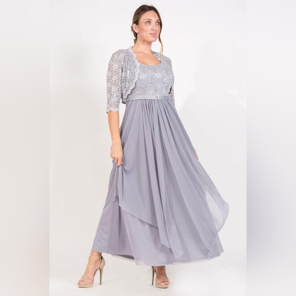 R&M RICHARDS Elegant Silver Blue Evening Gown with Lace Bolero